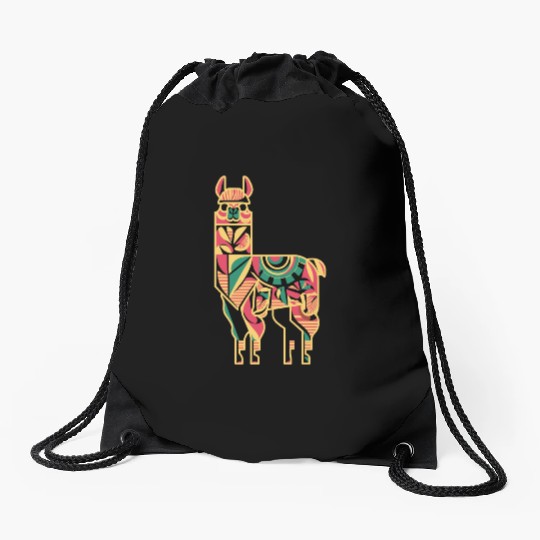 Colorful Geometric Llama Art for Animal Lovers Drawstring Bags