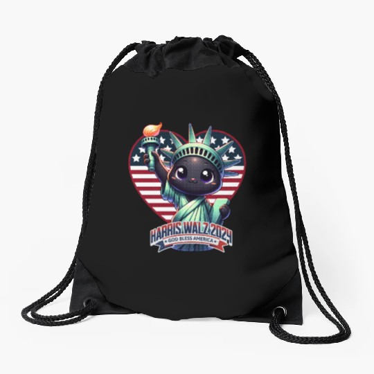 Cute Cat as Statue of Liberty with Harris Walz Drawstring Bags