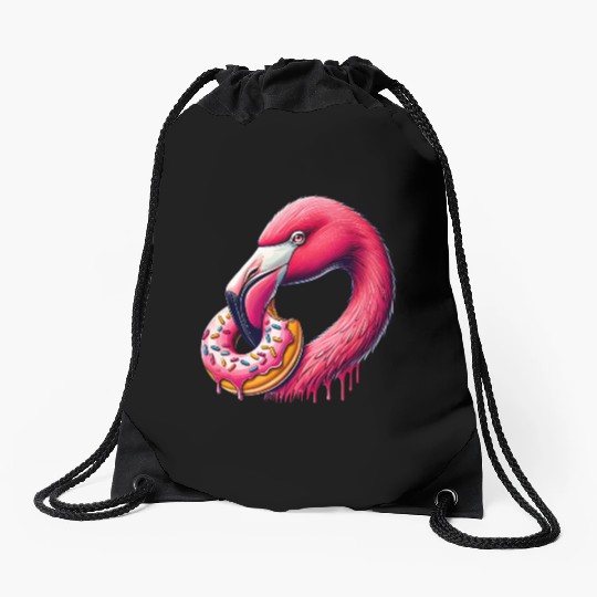 funny feast for the eyes - flamingo with donut Drawstring Bags