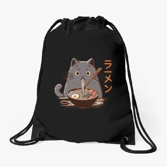 Japanese Cat Eating Ramen Drawstring Bags