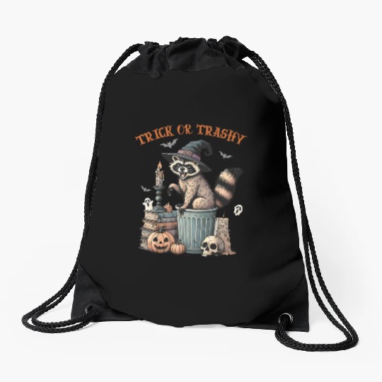 Trick Or Trashy Funny Raccon Halloween Drawstring Bags