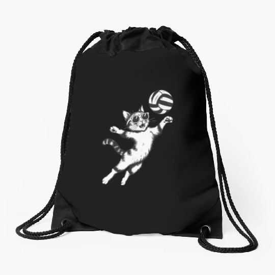 Cat Wearing Sunglasses Playing Volleyball Drawstring Bags