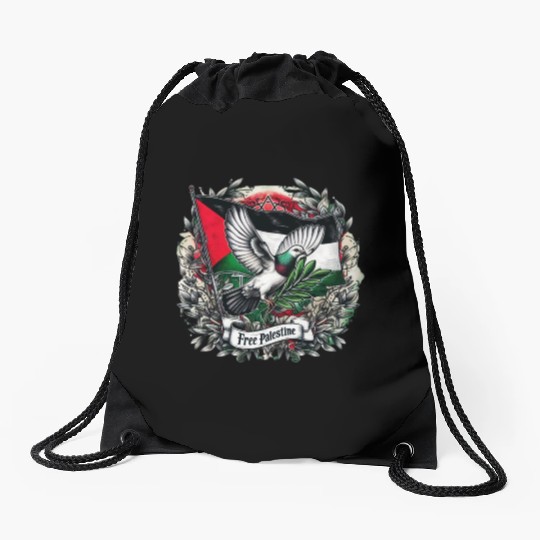 Pigeon holding olive's leaf free Palestine Flag Drawstring Bags