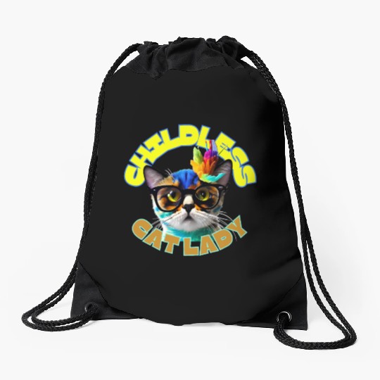 Colorful Cat with Glasses - Childless Cat Lady Drawstring Bags