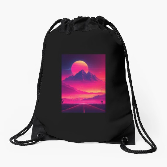 Neon Horizon: A Synthwave Journey Drawstring Bags
