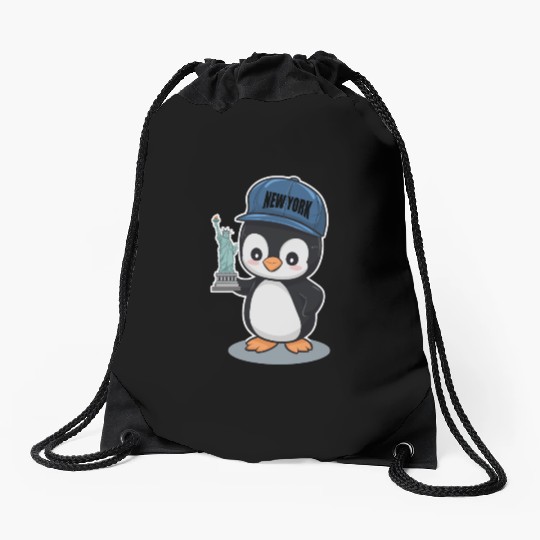 New York Penguin Holding Statue Of Liberty Drawstring Bags