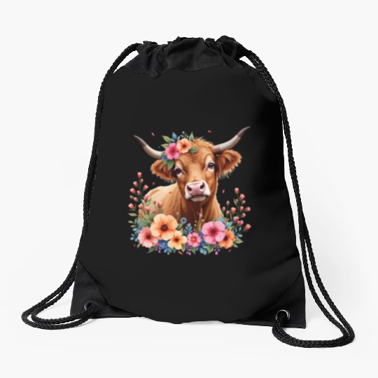 Cute Scottish Highland Cow Floral Drawstring Bags