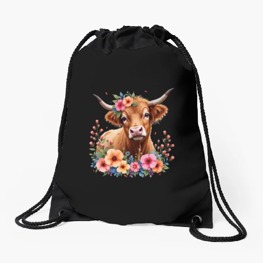 Cute Scottish Highland Cow Floral Drawstring Bags