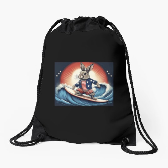 Stars & Stripes Surfer Bunny Drawstring Bags