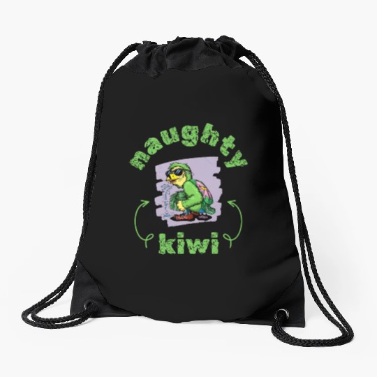Funny naughty green kiwi bird Drawstring Bags