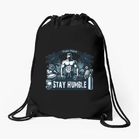 train hard stay humble Drawstring Bags