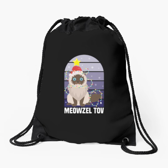 Meowzel Tov Hanukkah Black Cat Christmas Lights Drawstring Bags