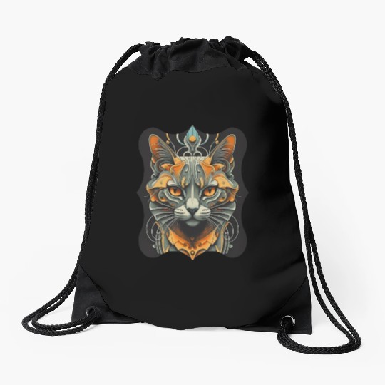 Elegant stylish black and gold cat face Drawstring Bags