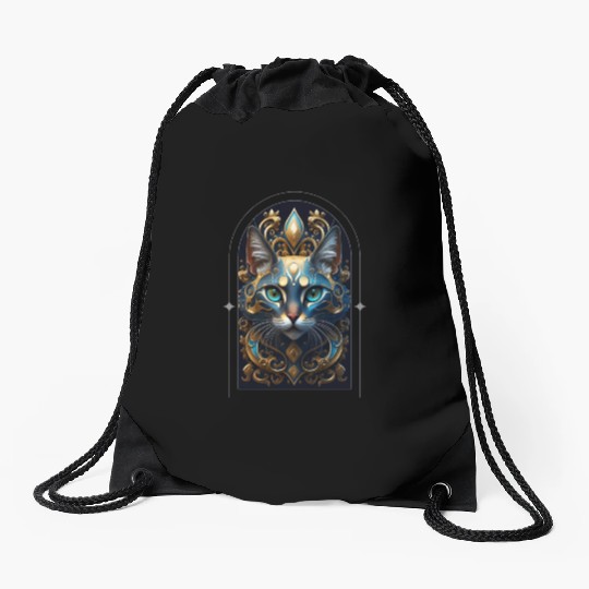 Elegant stylish blue and gold cat face Drawstring Bags