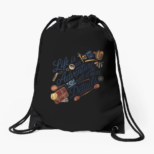 Creative illustration of text life is an adventure Drawstring Bags