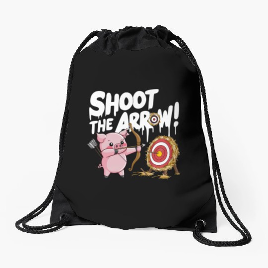 A pink piglet aiming a bow an arrow Drawstring Bags