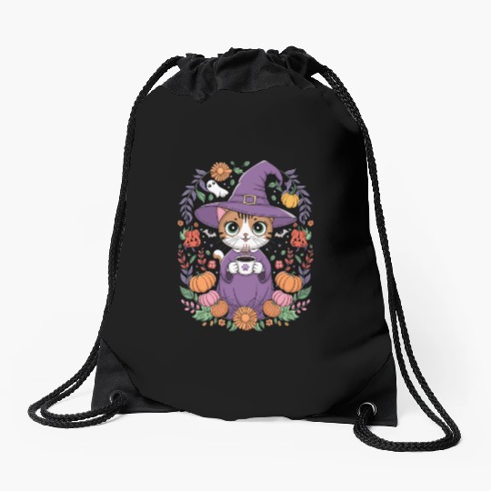 Halloween Cute Witch Cat with Coffee Mug Drawstring Bags