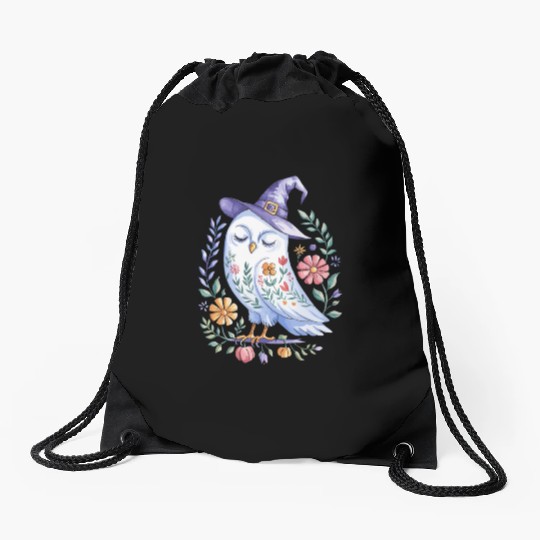 Halloween Owl with Floral Witch Hat Drawstring Bags