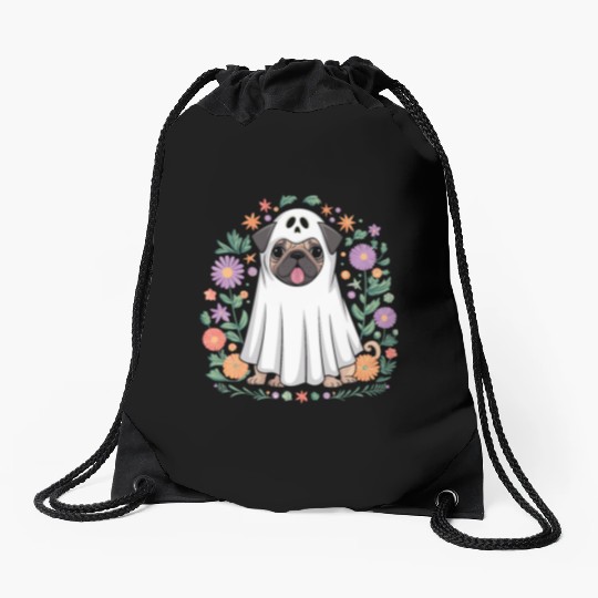 Halloween Pug Ghost Surrounded by Flowers Drawstring Bags