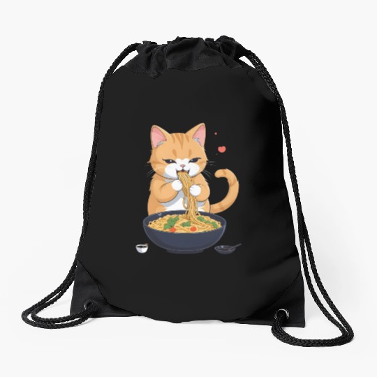Funny Kawaii Cat Eating Ramen Noodles Japanese Drawstring Bags