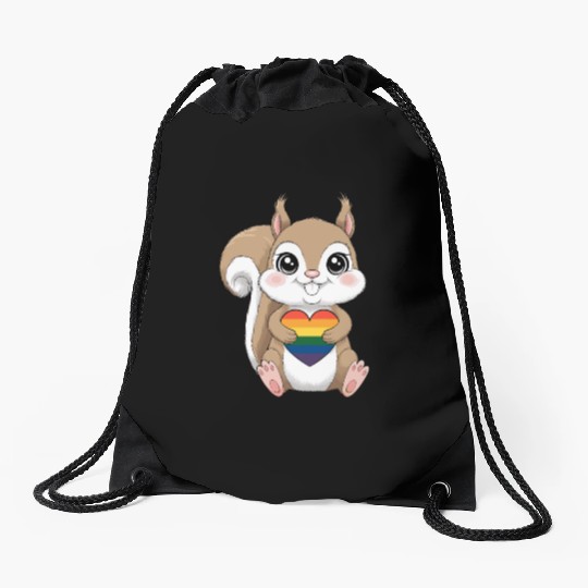 Cute Squirrel Holding Rainbow Heart LGTBQ Love Drawstring Bags