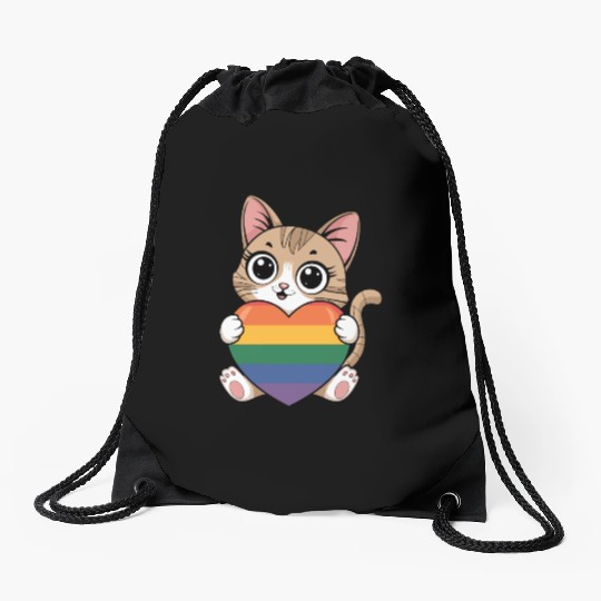 Cute Cat Holding Rainbow Heart LGTBQ Drawstring Bags
