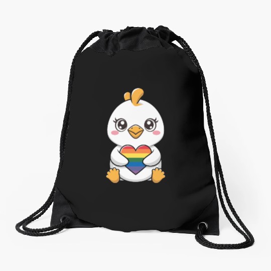 Adorable Chick Holding Rainbow Heart LGTBQ Drawstring Bags