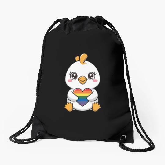 Adorable Chick Holding Rainbow Heart LGTBQ Drawstring Bags