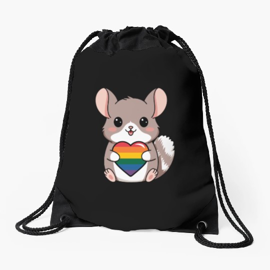 LGTBQ Chinchilla Holding Rainbow Heart Cute Pride Drawstring Bags