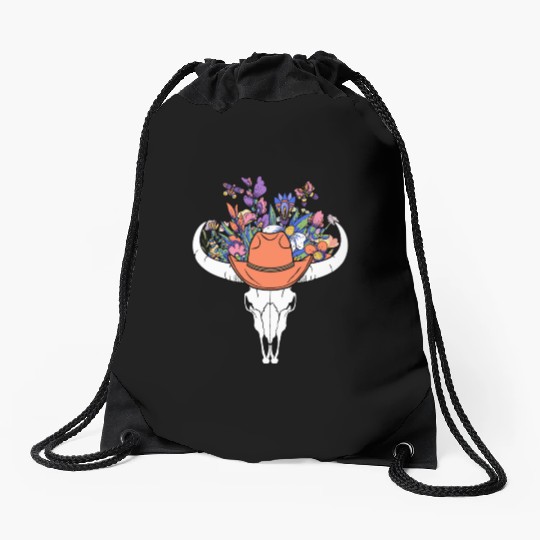 wildflower with Cow Skull blooming Drawstring Bags