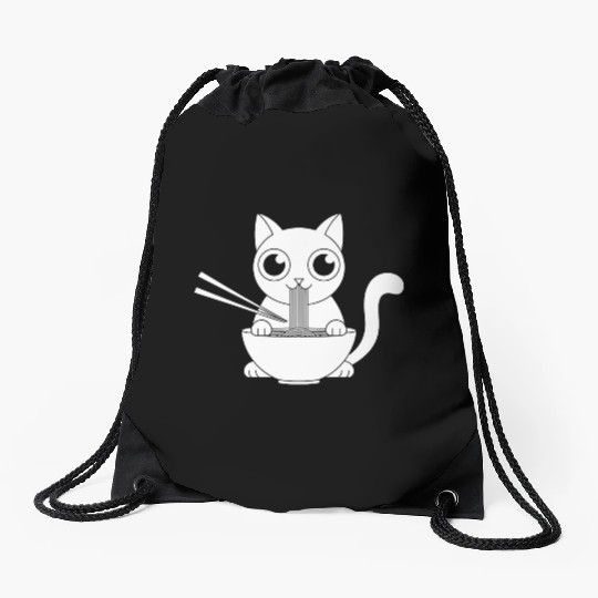 Cute Cat Eating Ramen Kawaii Food Design Drawstring Bags