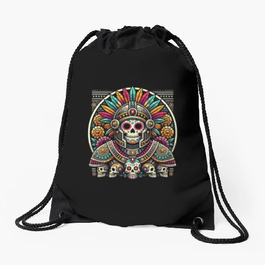 Aztec Warrior Mask with Tribal Art and Ancient Drawstring Bags