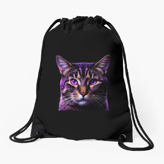 Vivid Lilac-Eyed Tabby Cat Portrait Drawstring Bags