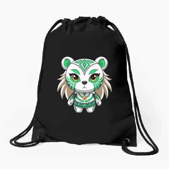 A white teddy bear girl with green tribal makeup Drawstring Bags