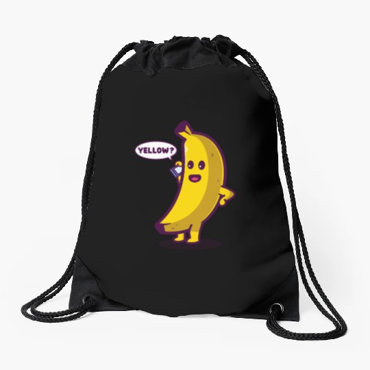Funny yellow banana answering phone with "Yellow?" Drawstring Bags