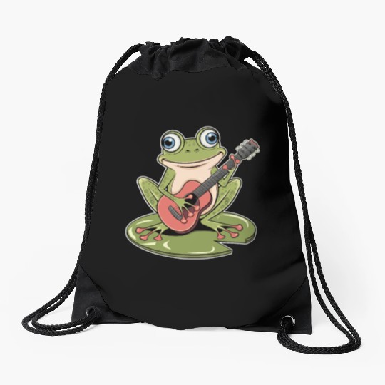 Frog Playing Guitar On Lily Pad Drawstring Bags