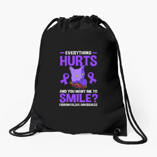 Everything Hurts Cat Purple Ribbon Fibro Awareness Drawstring Bags