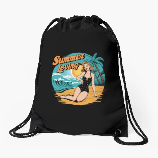 Retro Summer Loving Beach Vibes for a Beach Lover Drawstring Bags