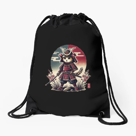 Samurai Cat: Vintage Ukiyo-e Warrior Art Drawstring Bags