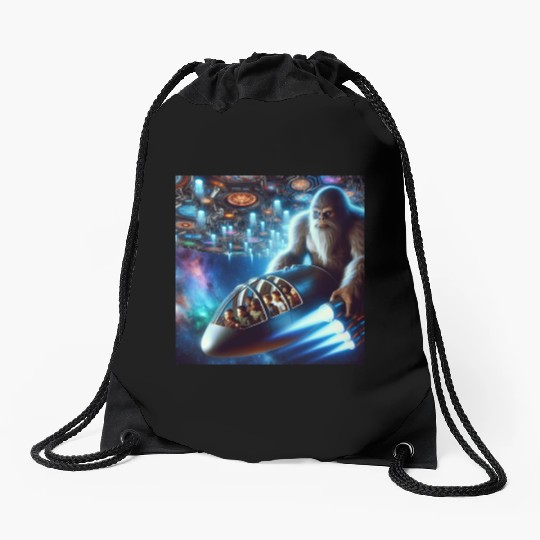 Sasquatch in Spaceship Drawstring Bags
