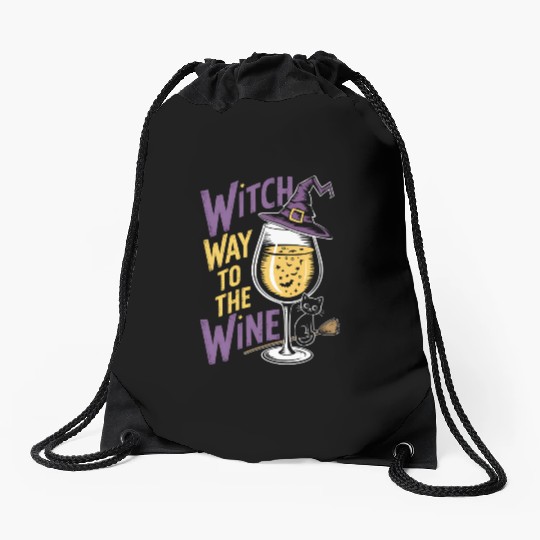 Spooky Witch Hat with Wine Glass and Halloween Cat Drawstring Bags