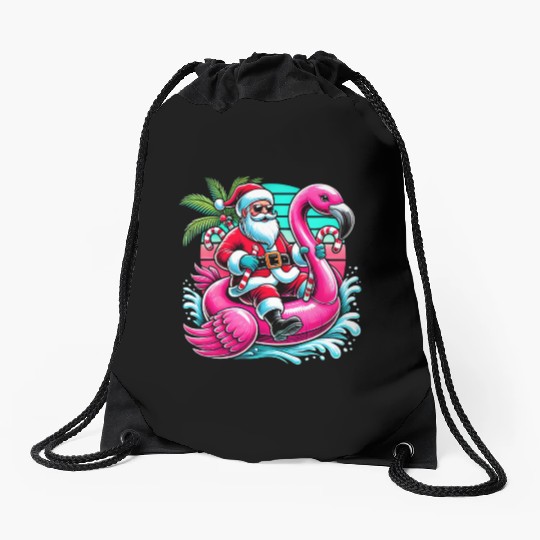Santa Riding Flamingo in Tropical Christmas Fun Drawstring Bags