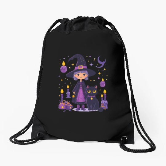 witch cat candles Halloween decor Drawstring Bags