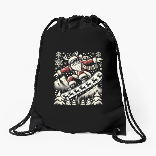 Snowboarding Santa Winter Wonderland Christmas Fun Drawstring Bags
