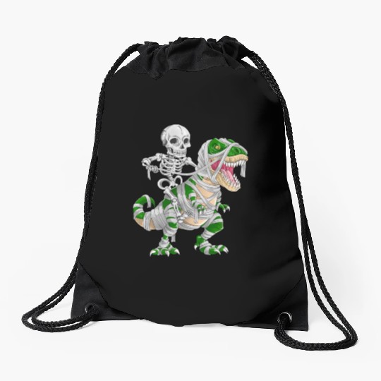 Skeleton Riding Mummy Dinosaur T rex Halloween Drawstring Bags