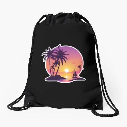 Palm Trees at Sunset Beach Drawstring Bags