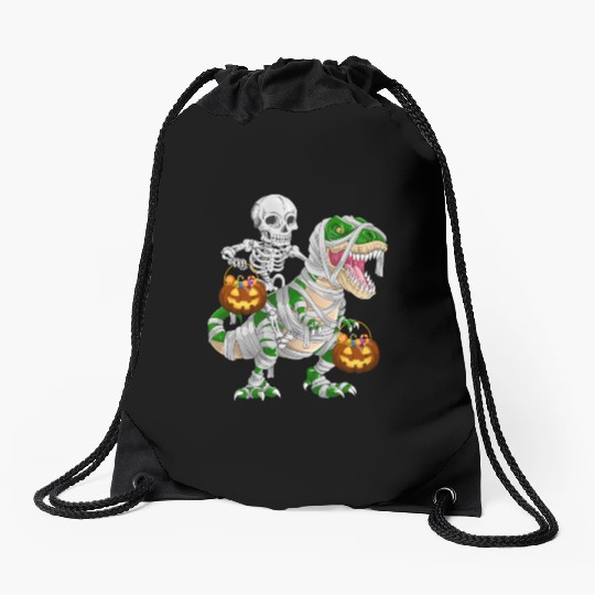 Skeleton Riding Mummy Dinosaur T rex Halloween Drawstring Bags