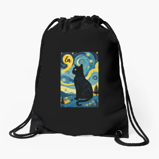 Halloween Starry Night Black Cat Comma La Harris Drawstring Bags