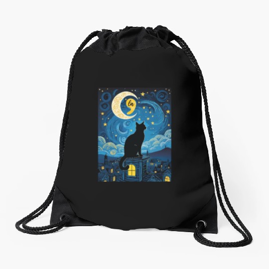 Halloween Starry Night Black Cat Comma La Harris Drawstring Bags