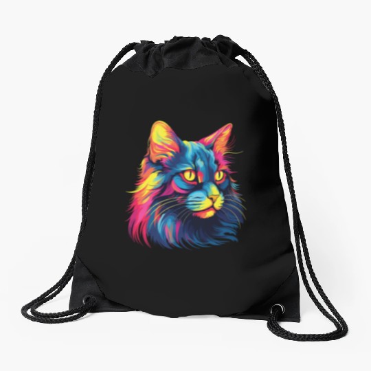 Cat Watercolor Colorful Maine Cat Drawstring Bags